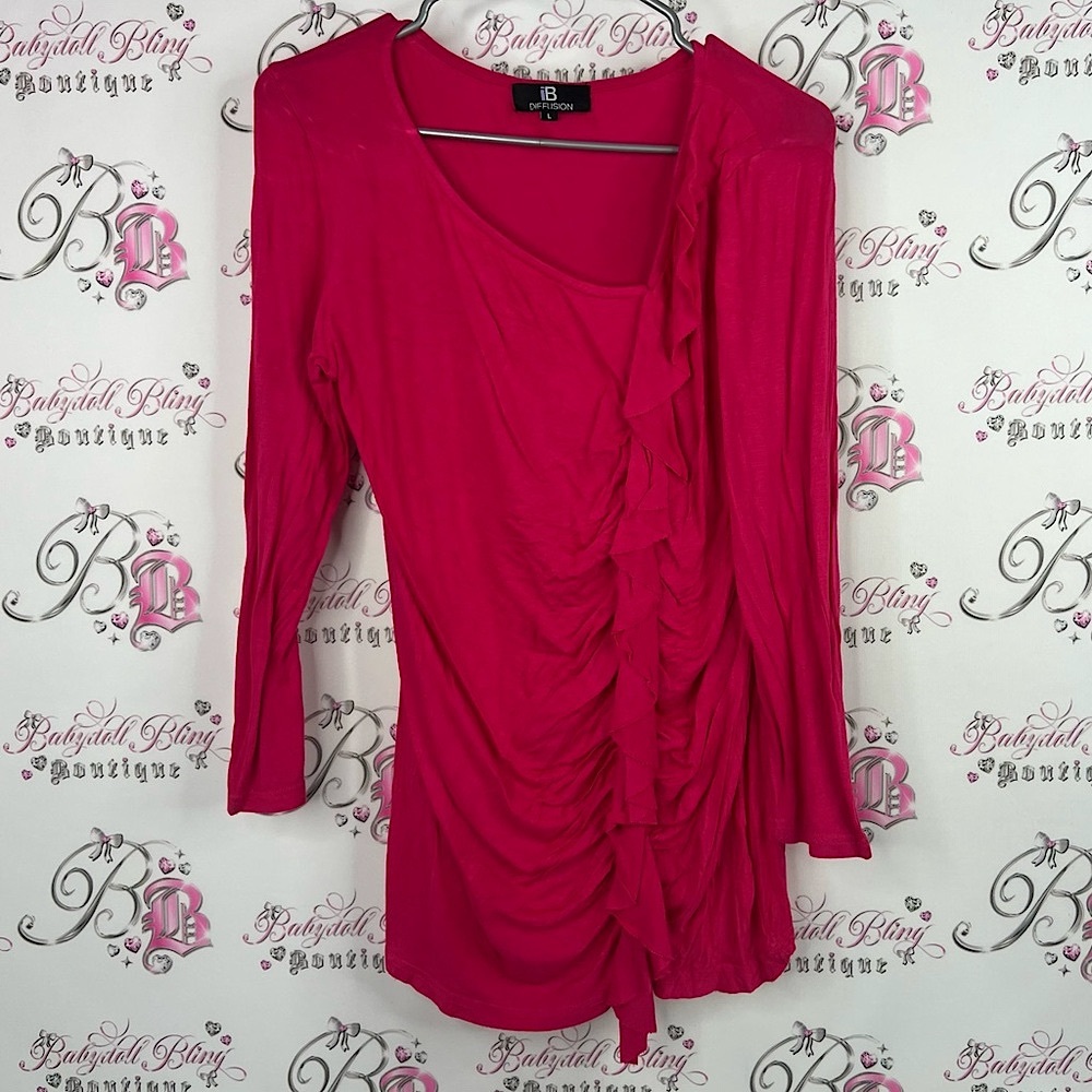 iB diffusion long sleeve ruffle top pink bright  Fuchsia Ruffled Blouse
